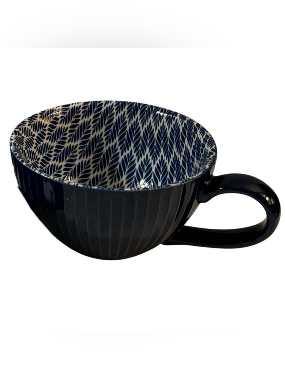 Ebros Blue & White Victorian Palm Leaves Large 19oz Porcelain Jumbo Mug